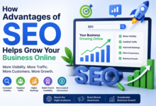 l Advantages of SEO growth illustration with rankings, traffic, and conversion icons
