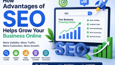 l Advantages of SEO growth illustration with rankings, traffic, and conversion icons