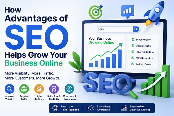 l Advantages of SEO growth illustration with rankings, traffic, and conversion icons