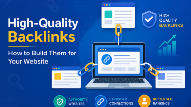 Illustration showing high-quality backlinks connecting websites to improve SEO rankings, website authority, and organic traffic.