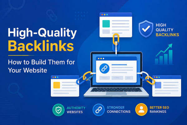 Illustration showing high-quality backlinks connecting websites to improve SEO rankings, website authority, and organic traffic.
