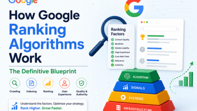 Illustration explaining how Google ranking algorithms work with SEO ranking factors, search results, indexing, crawling, and website optimization elements.