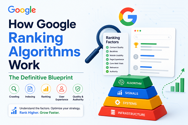 Illustration explaining how Google ranking algorithms work with SEO ranking factors, search results, indexing, crawling, and website optimization elements.