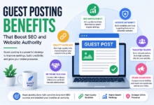 Featured image showing guest posting benefits for SEO, website authority, backlinks, targeted traffic, brand awareness, and online growth.